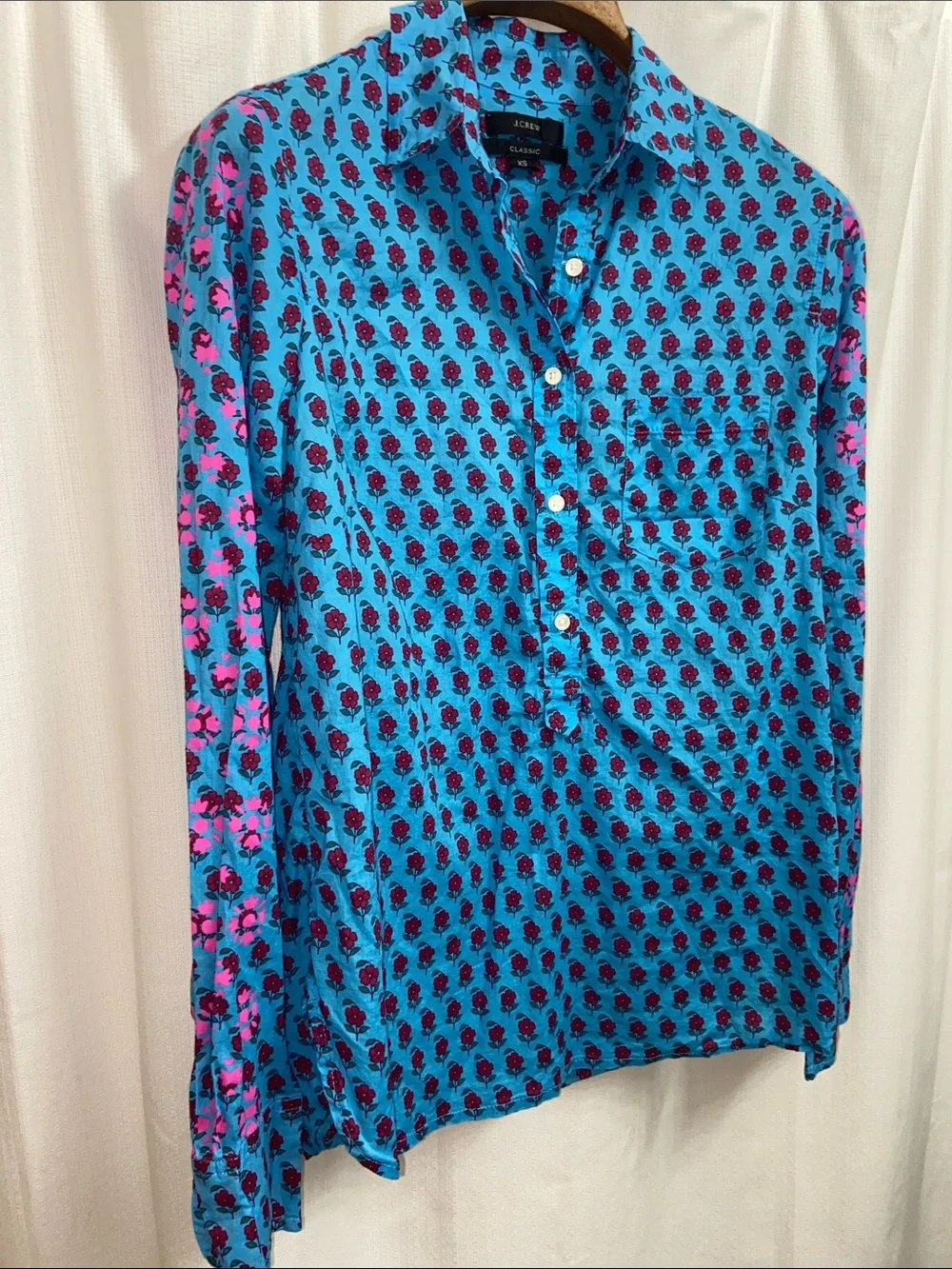 J. Crew Lightweight Cotton Turquoise Button-Down Shirt with Pink Floral Print